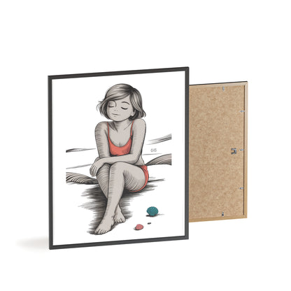 Beach Girl Illustration Poster with Wooden Frame — Relaxed Summer Wall Art