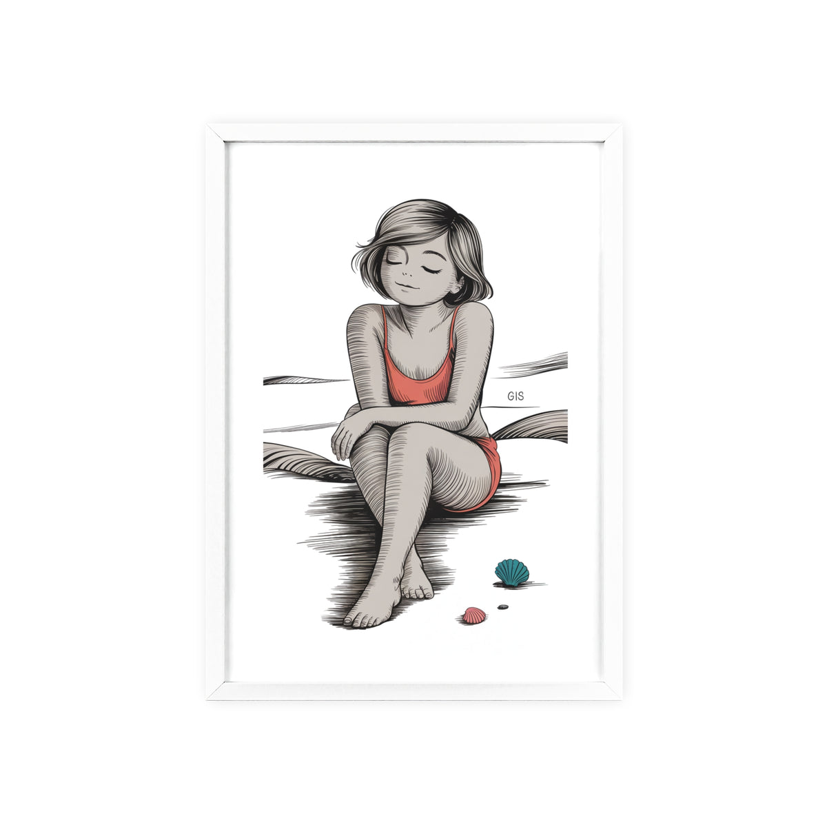Beach Girl Illustration Poster with Wooden Frame — Relaxed Summer Wall Art
