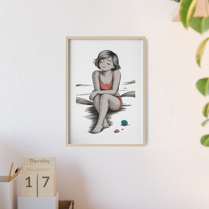 Beach Girl Illustration Poster with Wooden Frame — Relaxed Summer Wall Art