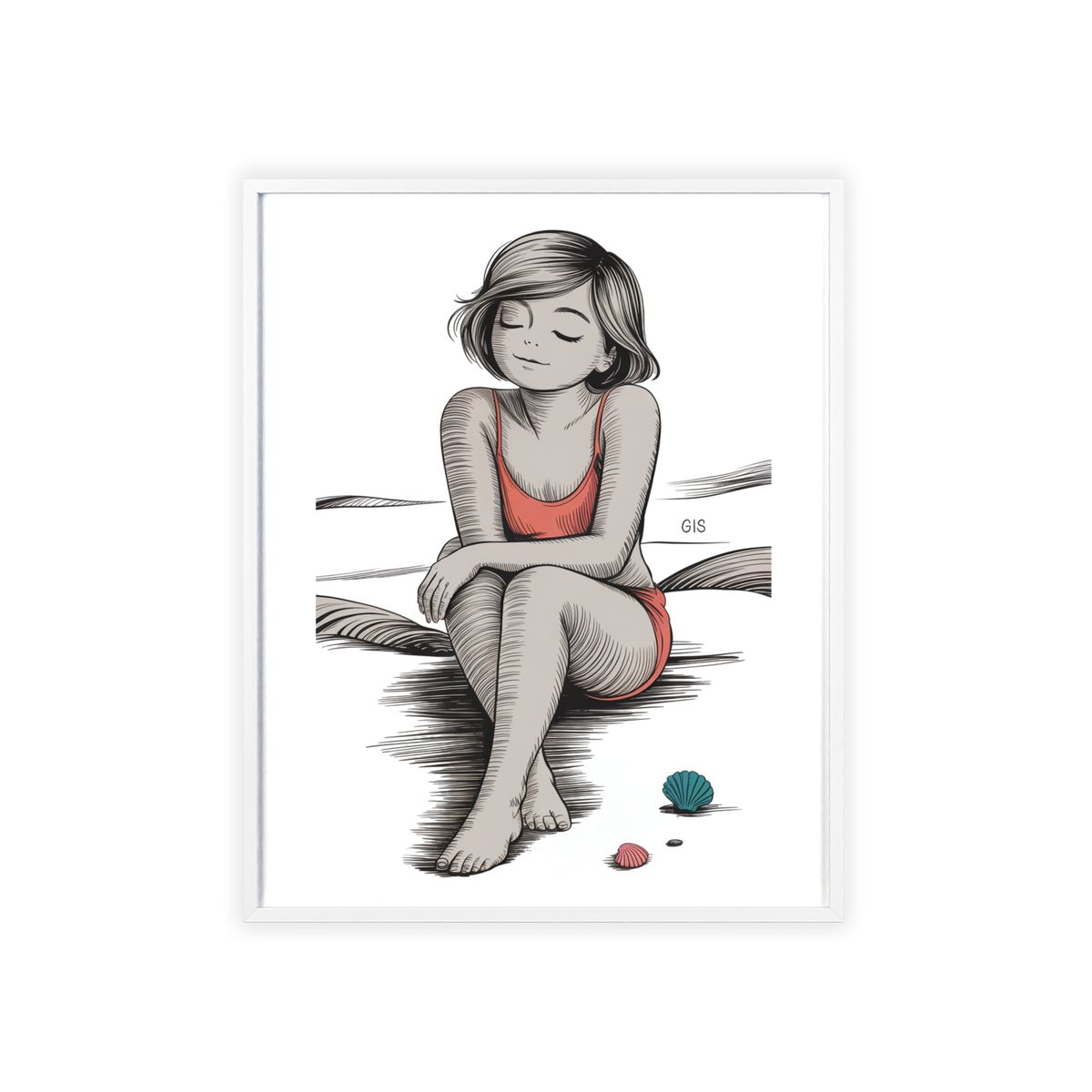 Beach Girl Illustration Poster with Wooden Frame — Relaxed Summer Wall Art