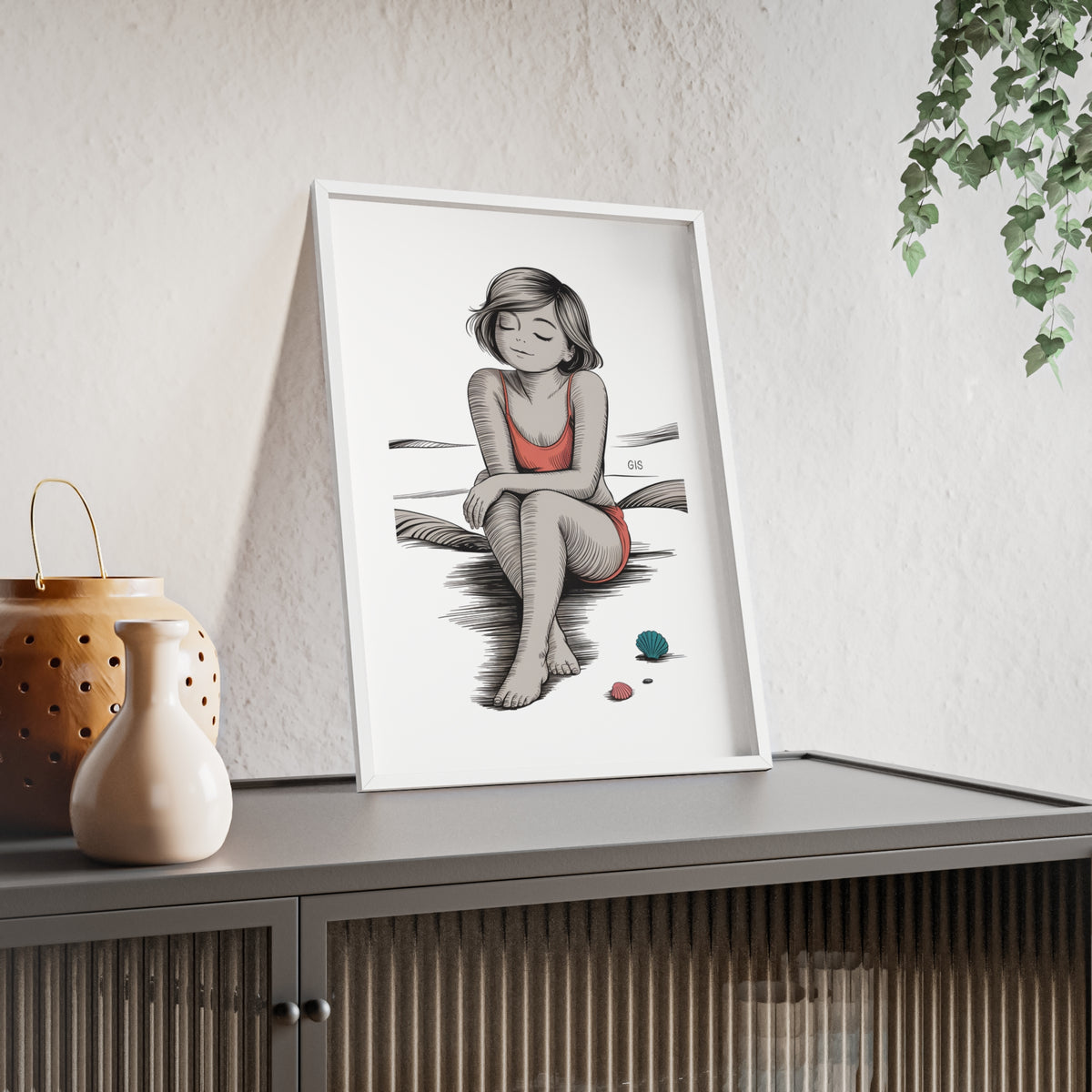 Beach Girl Illustration Poster with Wooden Frame — Relaxed Summer Wall Art