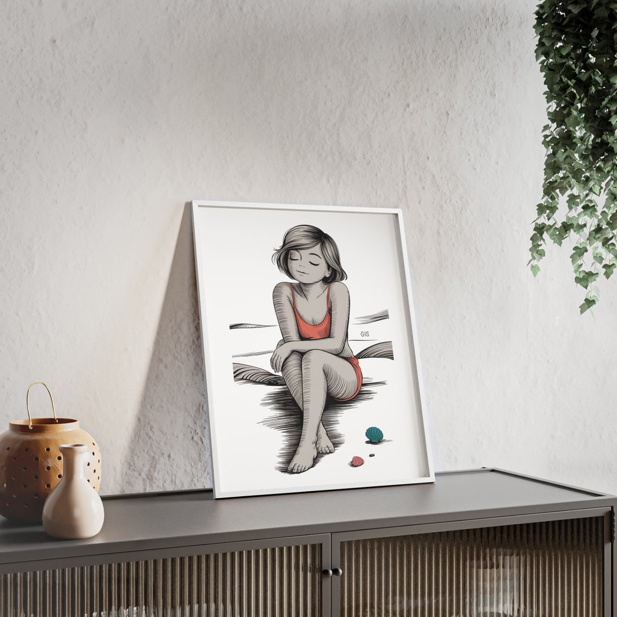 Beach Girl Illustration Poster with Wooden Frame — Relaxed Summer Wall Art