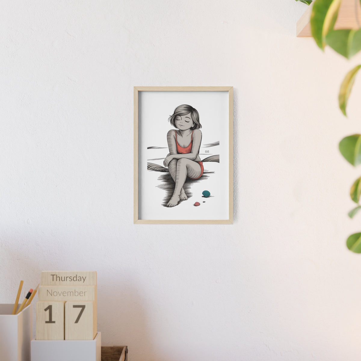 Beach Girl Illustration Poster with Wooden Frame — Relaxed Summer Wall Art