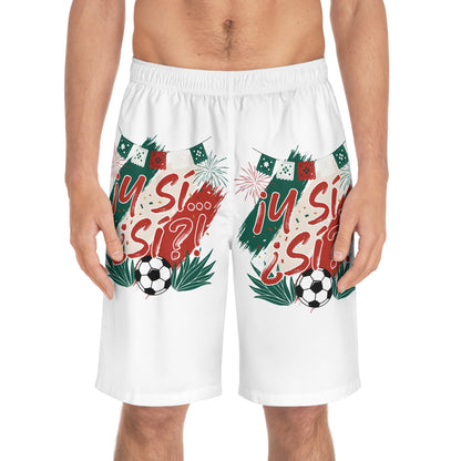 Men's Board Shorts — "¡Sí… Sí?!" Mexican Soccer Celebration Swim Trunks