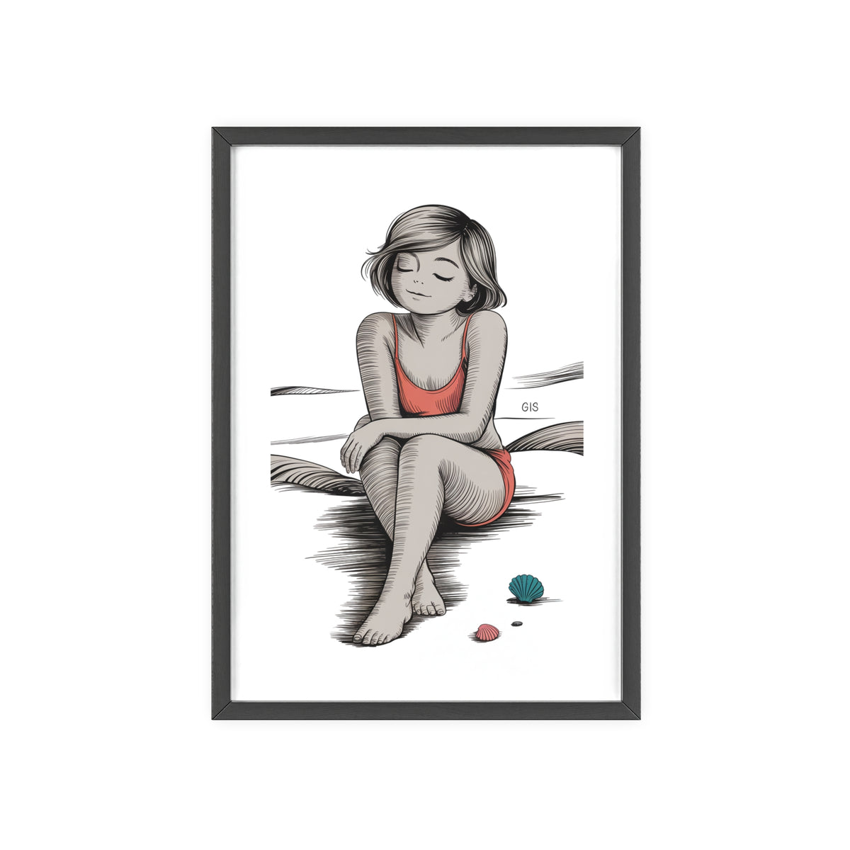 Beach Girl Illustration Poster with Wooden Frame — Relaxed Summer Wall Art
