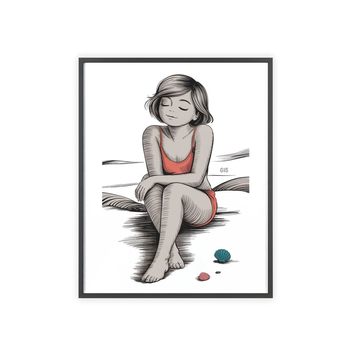 Beach Girl Illustration Poster with Wooden Frame — Relaxed Summer Wall Art