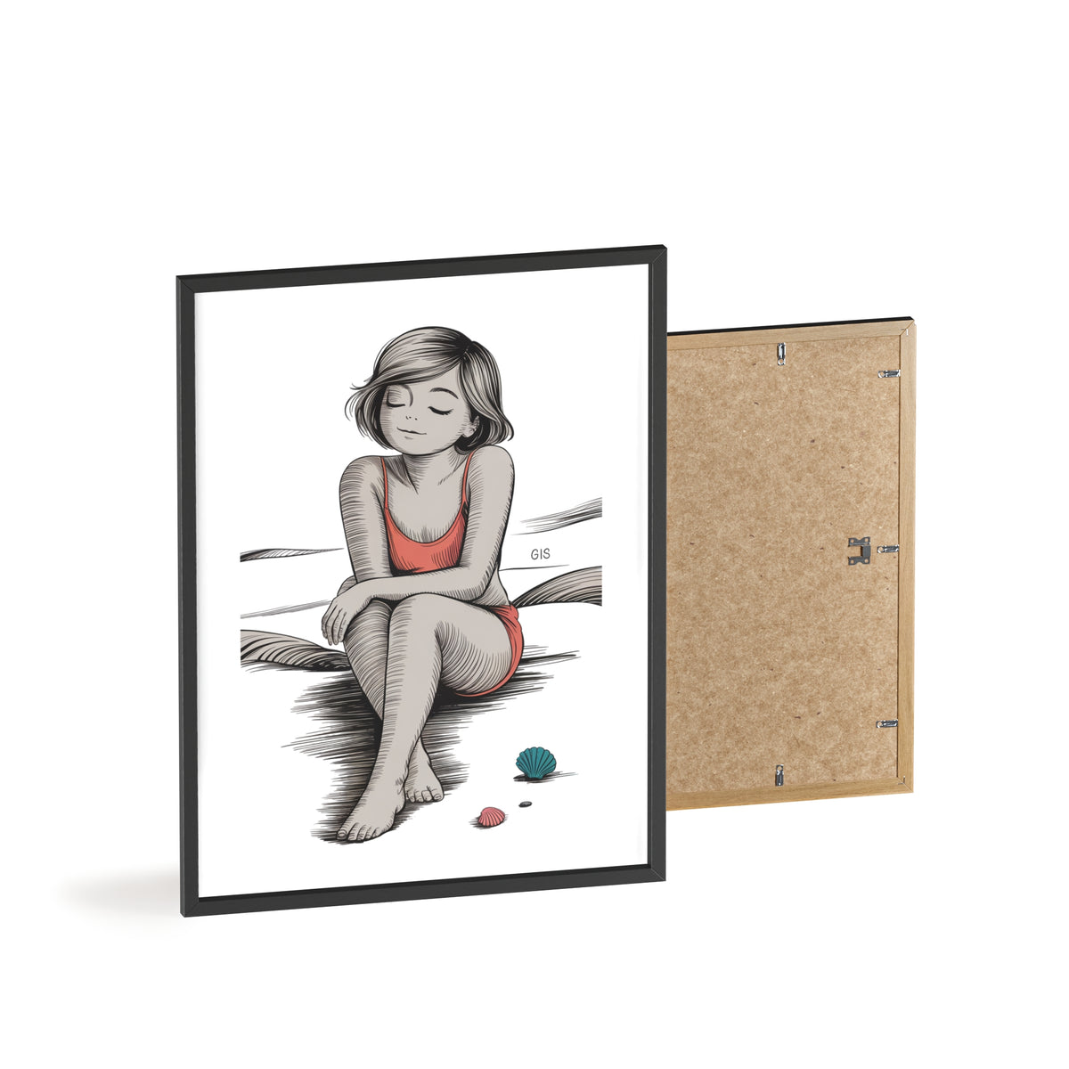 Beach Girl Illustration Poster with Wooden Frame — Relaxed Summer Wall Art