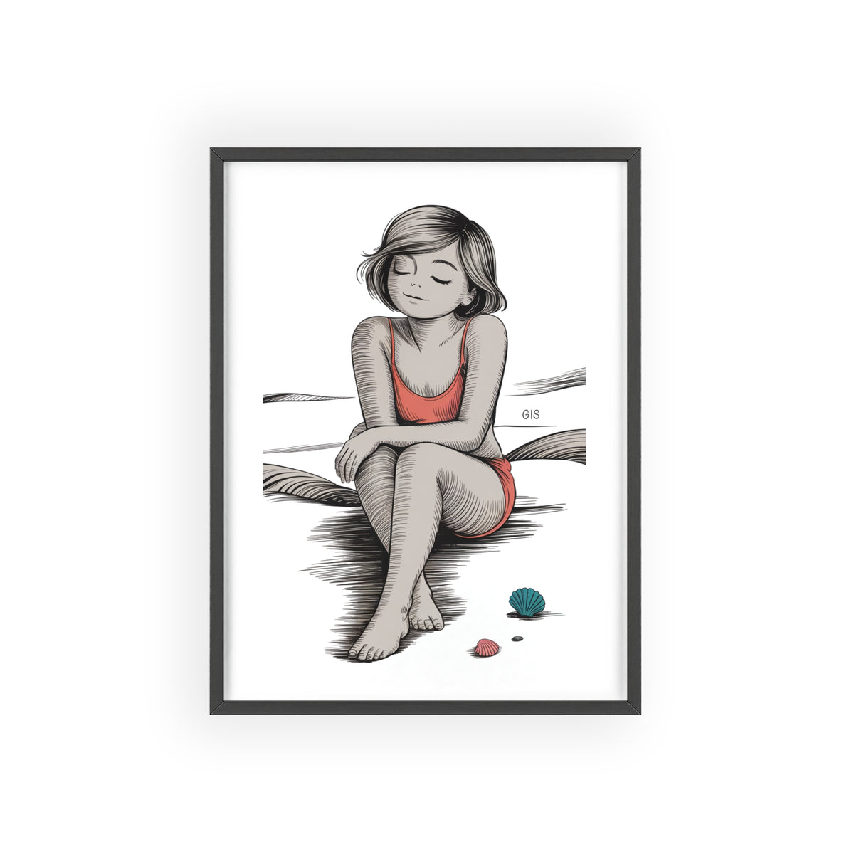 Beach Girl Illustration Poster with Wooden Frame — Relaxed Summer Wall Art
